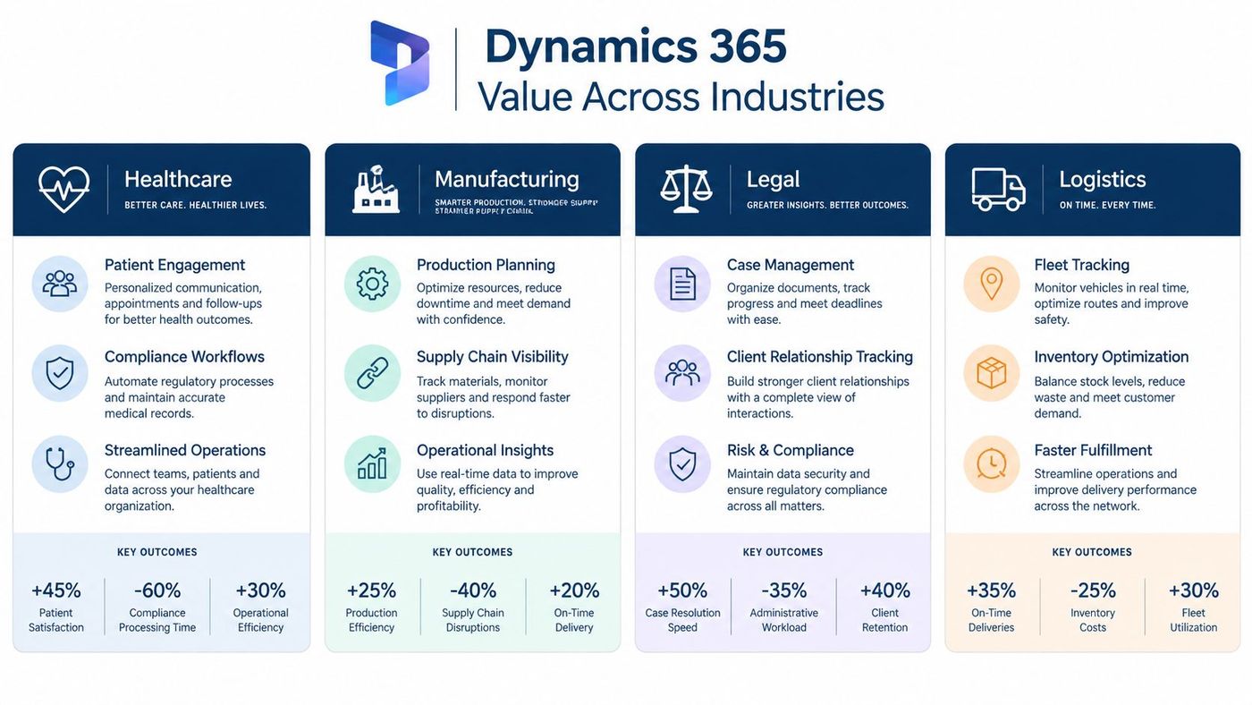 An infographic illustrating Dynamics 365 benefits for healthcare, manufacturing, legal, and logistics industries with key outcome statistics.