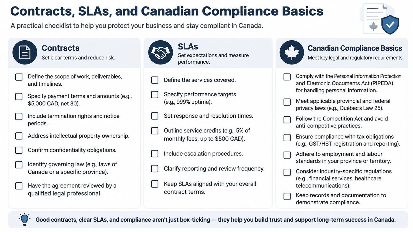 A comprehensive checklist for business contracts, service level agreements, and Canadian regulatory compliance requirements for companies.
