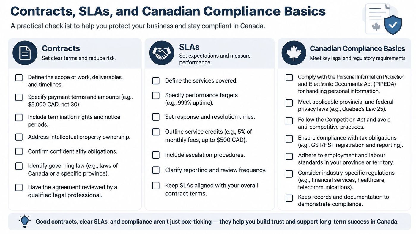 A comprehensive checklist for business contracts, service level agreements, and Canadian regulatory compliance requirements for companies.