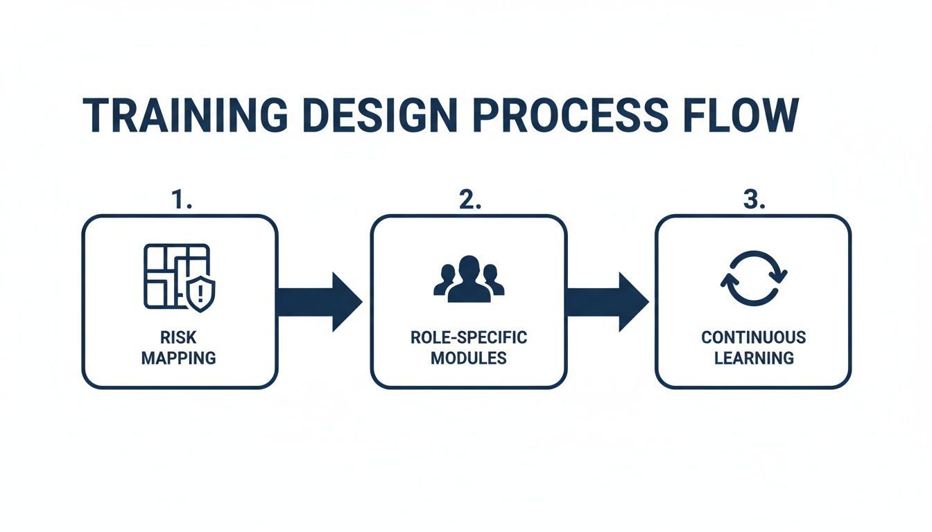 A diagram illustrating a three-step training design process flow: Risk Mapping, Role-Specific Modules, and Continuous Learning.