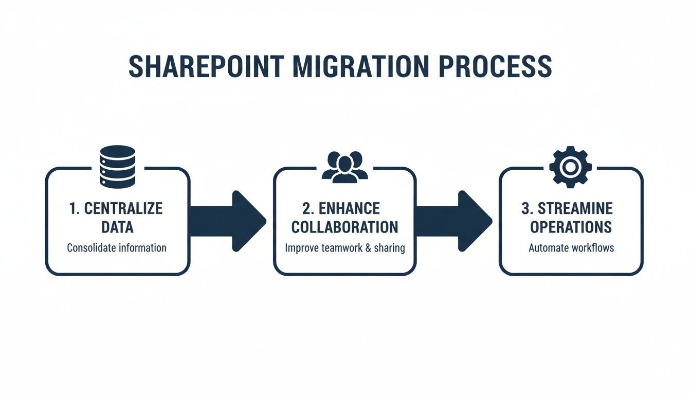 Flowchart illustrating the SharePoint migration process: centralize data, enhance collaboration, and streamline operations.