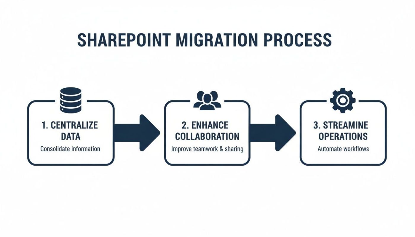 Flowchart illustrating the SharePoint migration process: centralize data, enhance collaboration, and streamline operations.