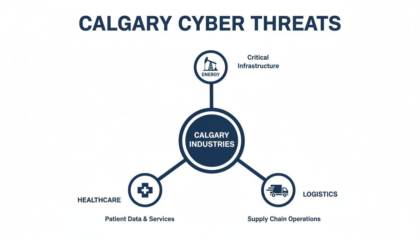 Diagram illustrates Calgary cyber threats impacting critical infrastructure in energy, patient data in healthcare, and supply chain operations in logistics.