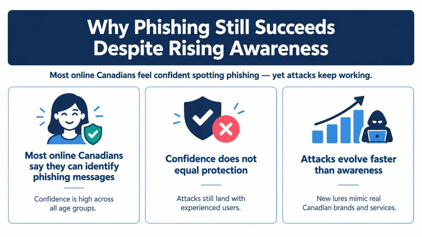 An infographic titled Why Phishing Still Succeeds Despite Rising Awareness explaining why phishing attacks continue to work.
