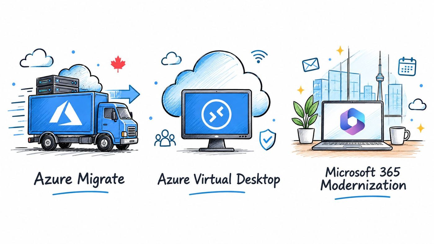A hand-drawn illustration showing Azure Migrate, Azure Virtual Desktop, and Microsoft 365 Modernization concepts for cloud services.