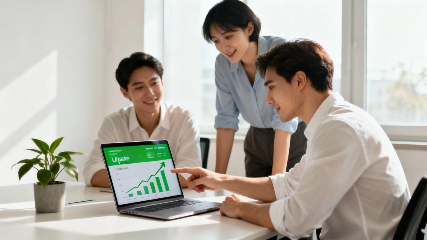 A business owner reviewing a chart showing upward growth on a tablet.