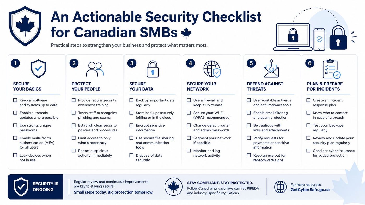 An infographic titled An Actionable Security Checklist for Canadian SMBs with six essential steps for cybersecurity protection.