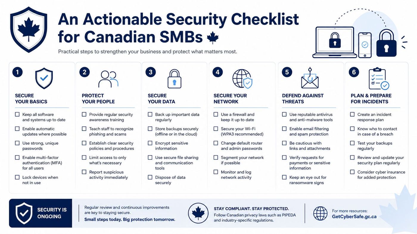 An infographic titled An Actionable Security Checklist for Canadian SMBs with six essential steps for cybersecurity protection.
