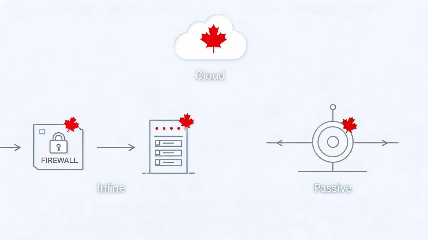 A diagram illustrating network security concepts comparing inline firewall setups against passive monitoring systems and cloud infrastructure.