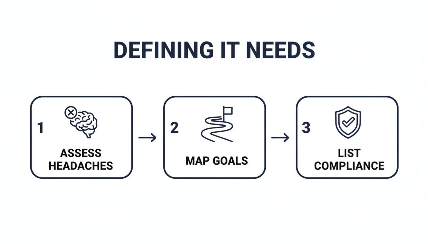 A three-step process for defining IT needs, including assessing problems, mapping goals, and listing compliance.