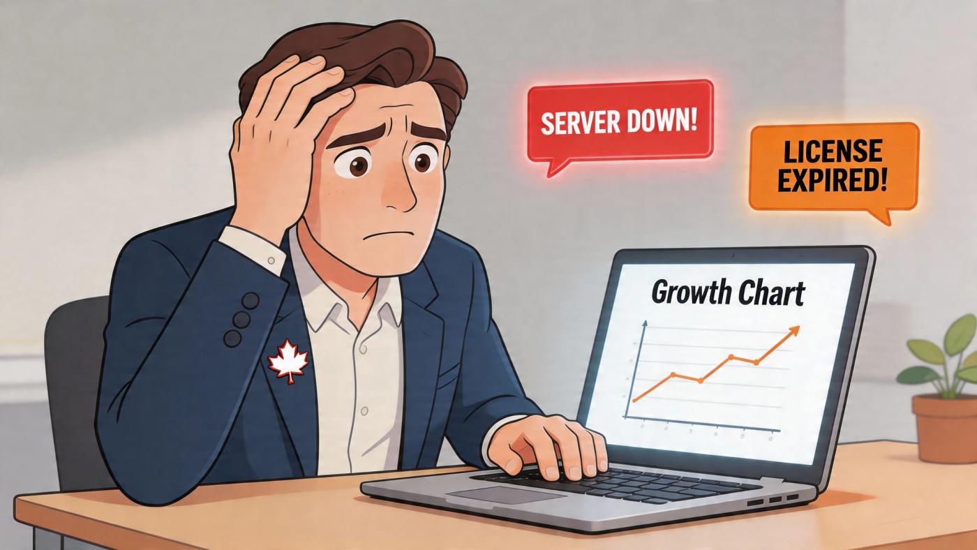 Stressed professional in a Canadian suit looking at laptop notifications about server downtime and expired software licenses.