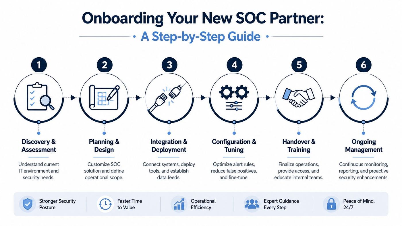 A six-step flowchart illustrating the onboarding process for a new Security Operations Center partner.