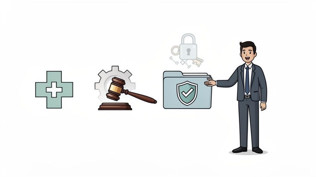 Businessman presenting data security alongside medical, legal, and regulatory compliance icons.