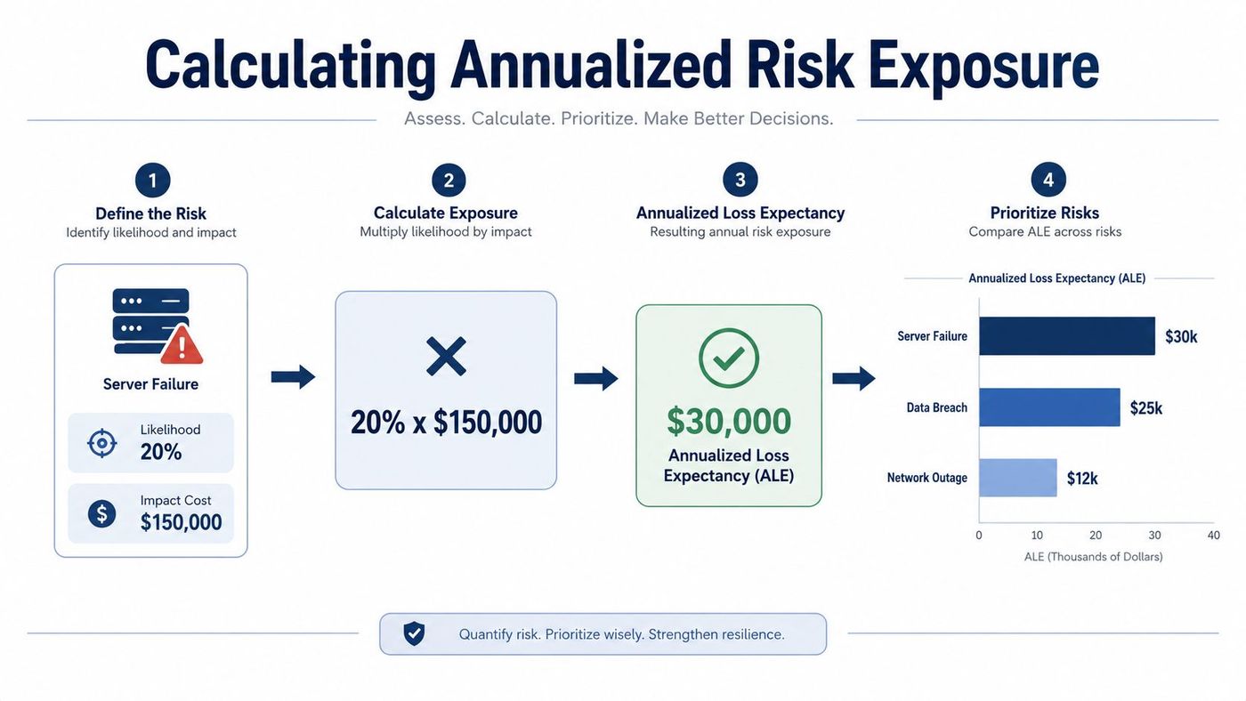 An infographic illustrating the four steps of calculating annualized risk exposure for business operations.