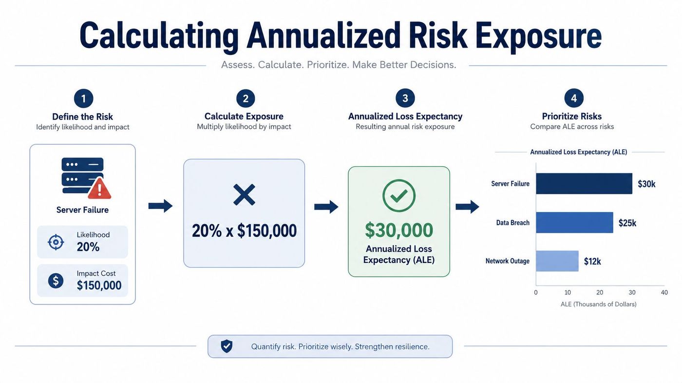 An infographic illustrating the four steps of calculating annualized risk exposure for business operations.