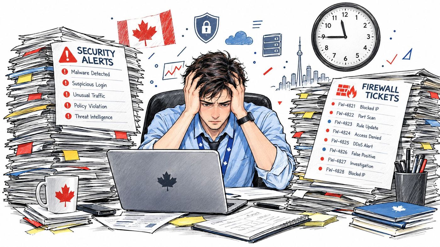 A stressed IT security analyst sits at a desk overwhelmed by stacks of paperwork and digital alerts.
