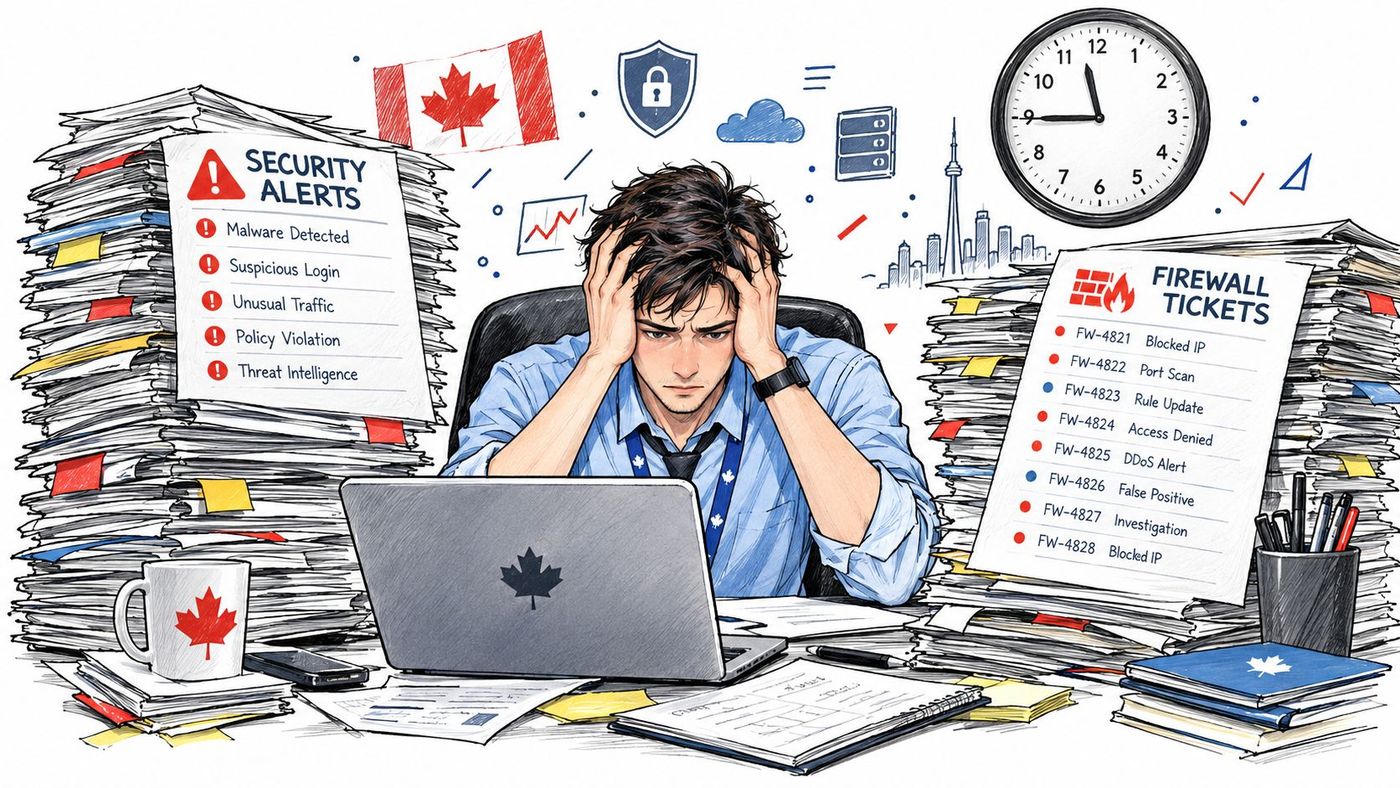 A stressed IT security analyst sits at a desk overwhelmed by stacks of paperwork and digital alerts.