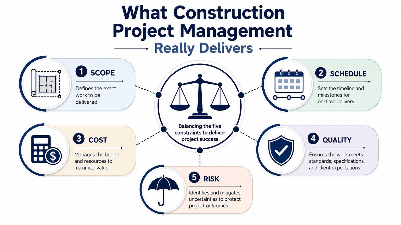 An infographic showing the five core constraints of construction project management: scope, schedule, cost, quality, and risk.