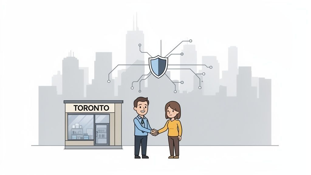 Illustration of two people shaking hands in front of a Toronto business with a security shield, symbolizing IT support.