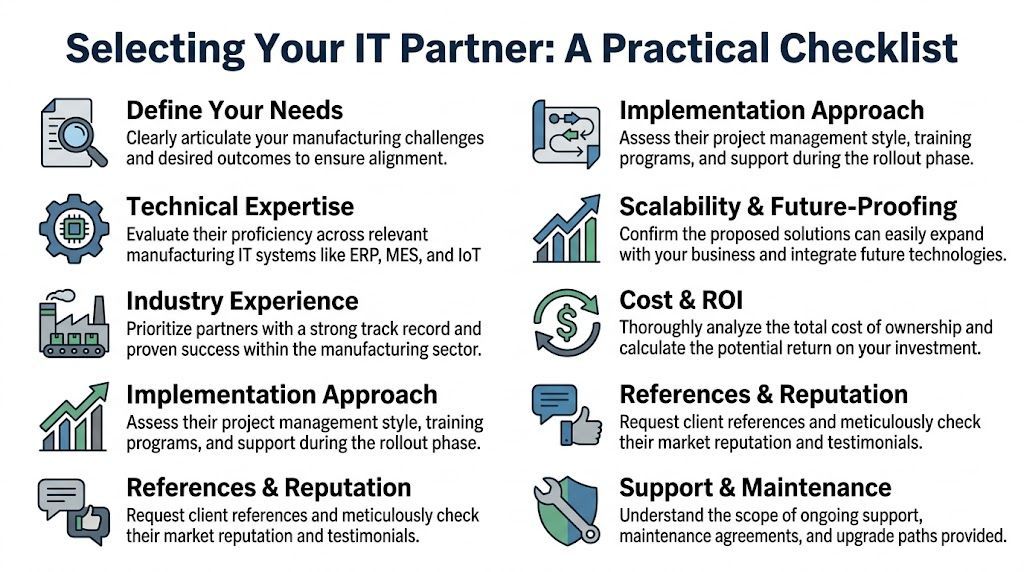 A checklist infographic outlining key factors to consider when selecting an IT partner for manufacturing companies.