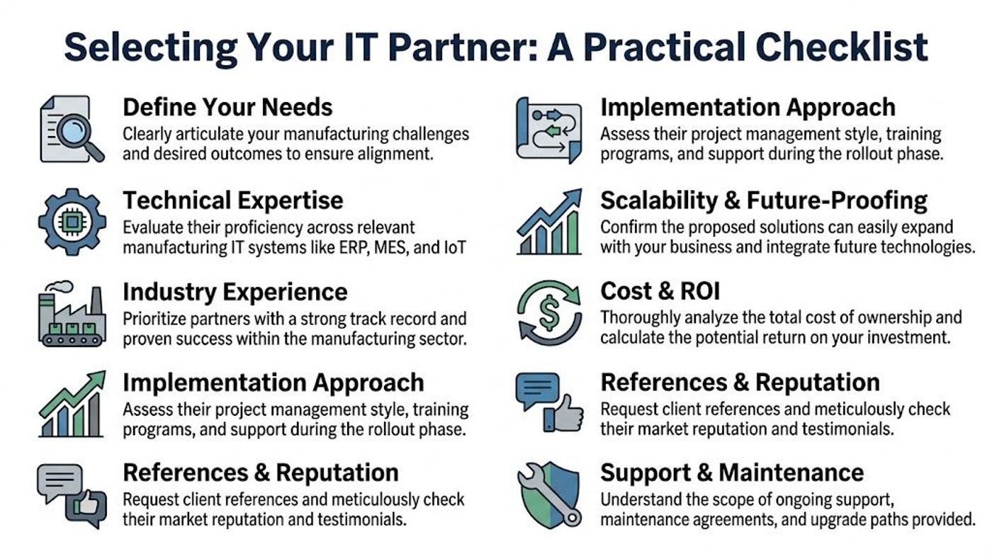 A checklist infographic outlining key factors to consider when selecting an IT partner for manufacturing companies.