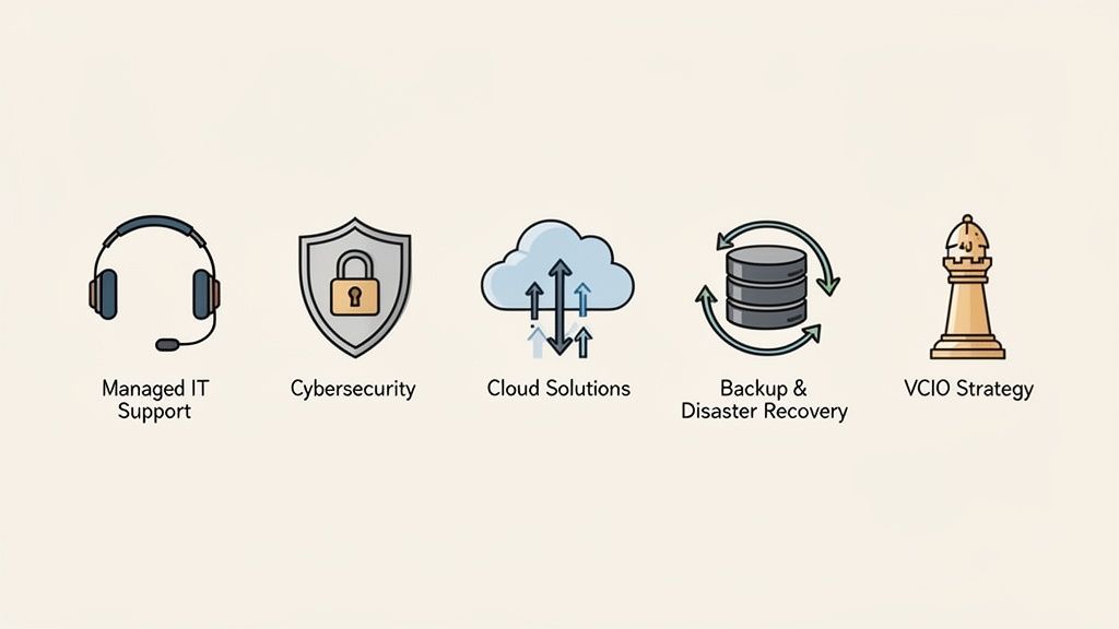 Icons representing five key IT services: Managed IT Support, Cybersecurity, Cloud, Backup, and VCIO Strategy.