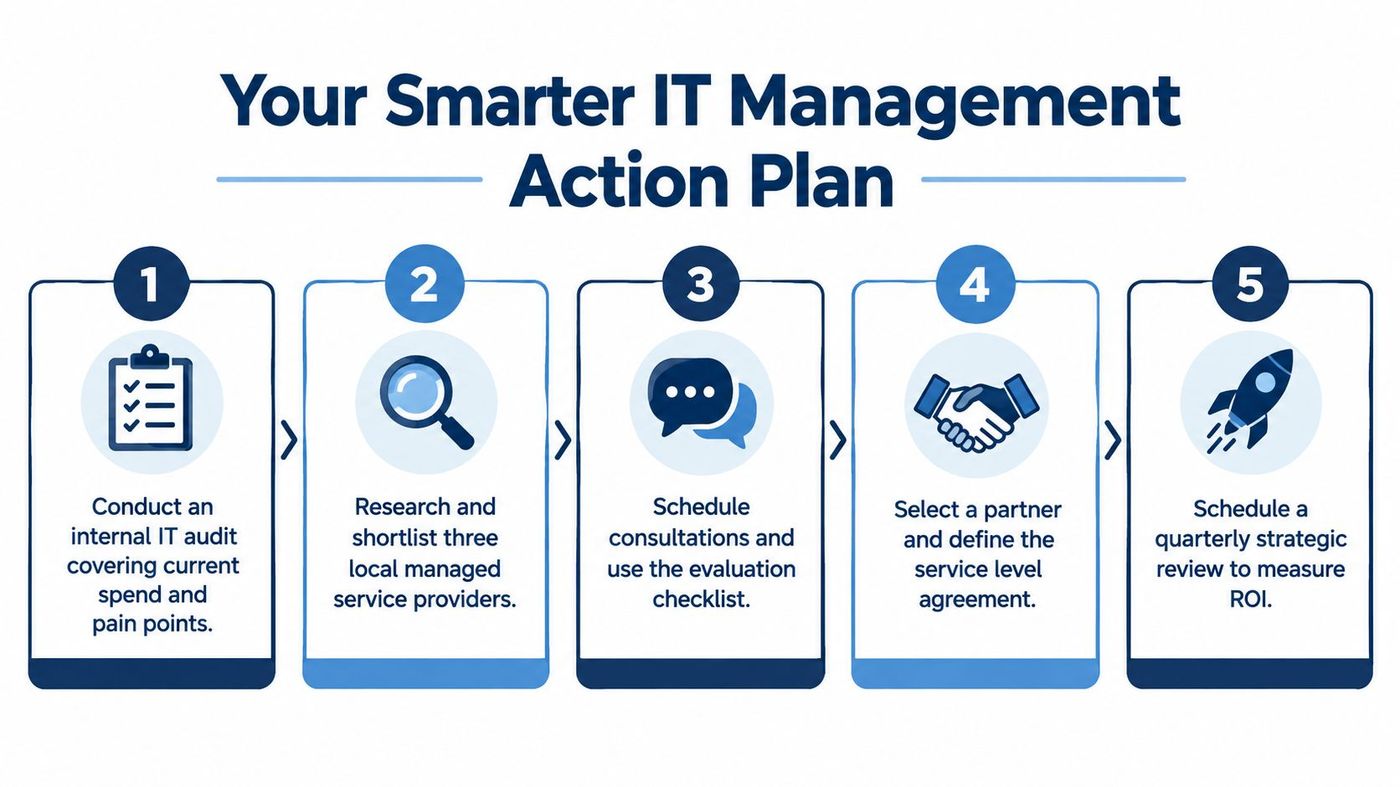 A five-step infographic showing a smarter IT management action plan for selecting managed service providers.