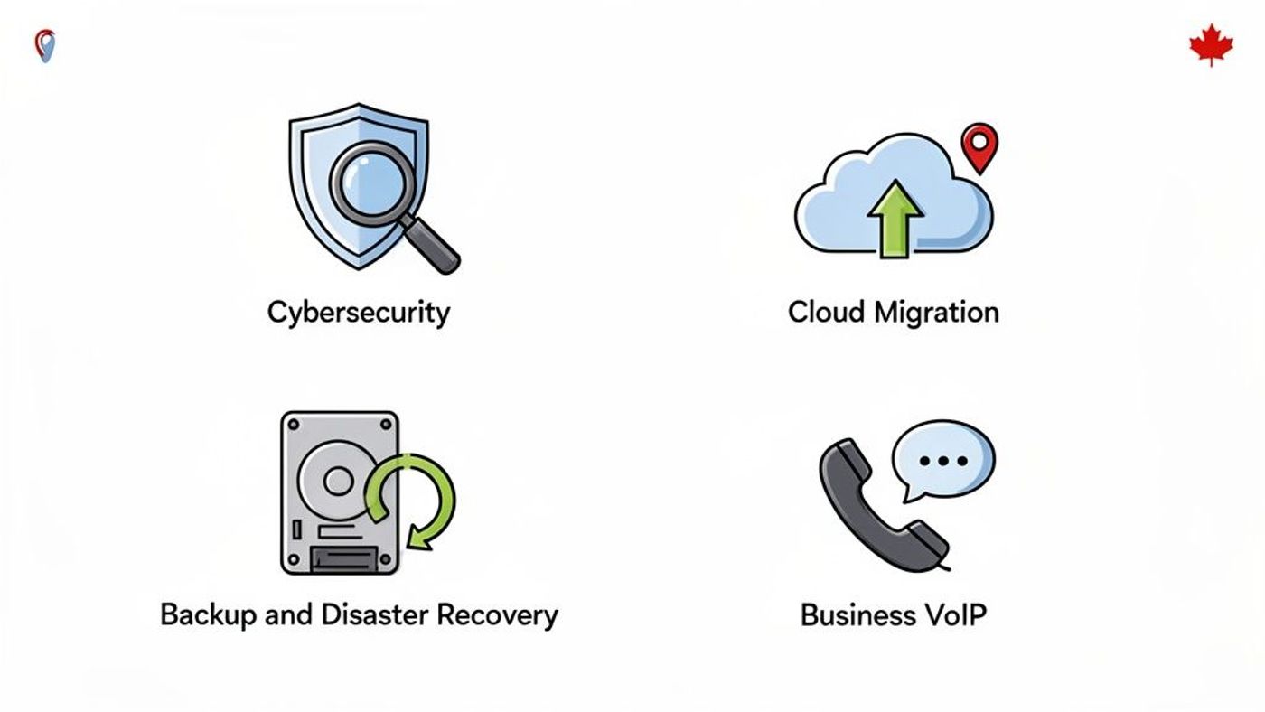 Four icons representing IT services: Cybersecurity, Cloud Migration, Backup and Disaster Recovery, and Business VoIP.