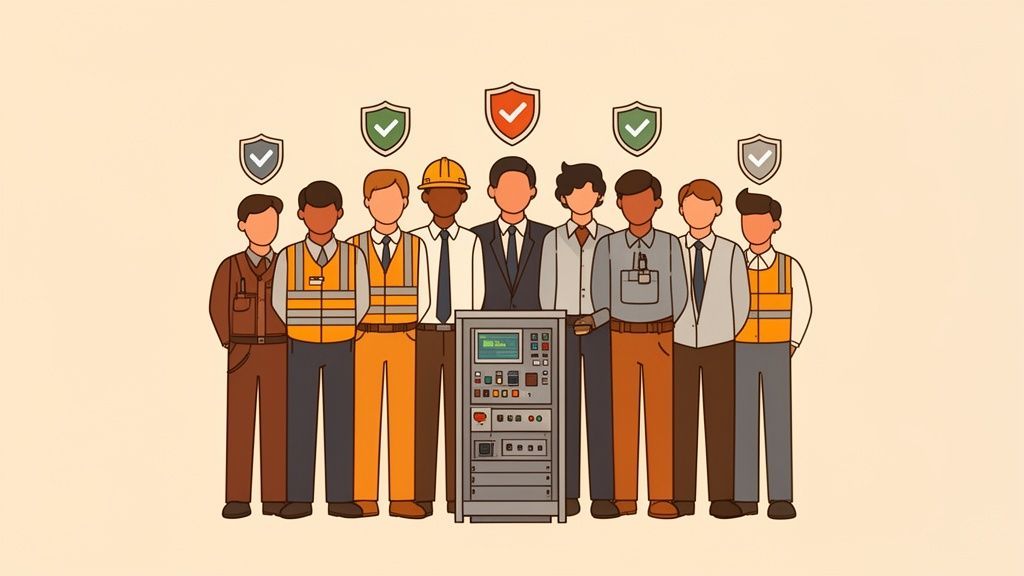 Diverse team of professionals standing around an industrial server with compliance and safety shields.