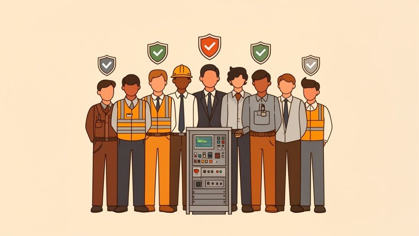 Diverse team of professionals standing around an industrial server with compliance and safety shields.