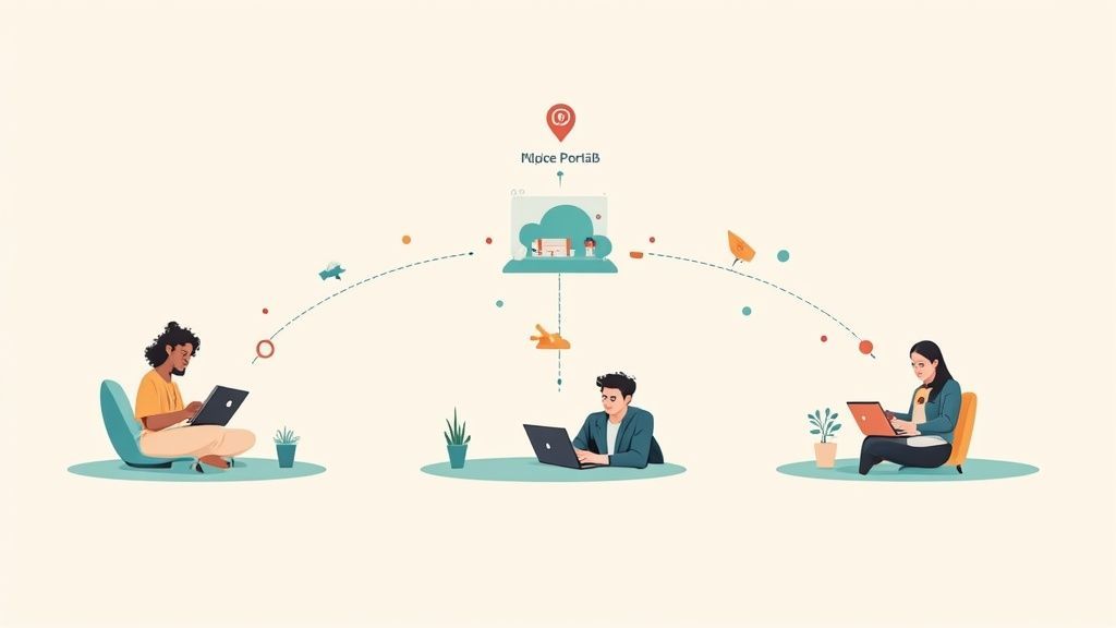 Illustration of three remote workers using laptops connected to a central cloud service.