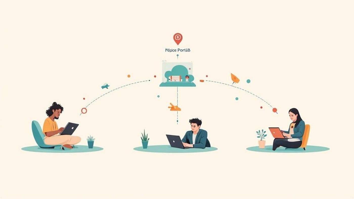 Illustration of three remote workers using laptops connected to a central cloud service.