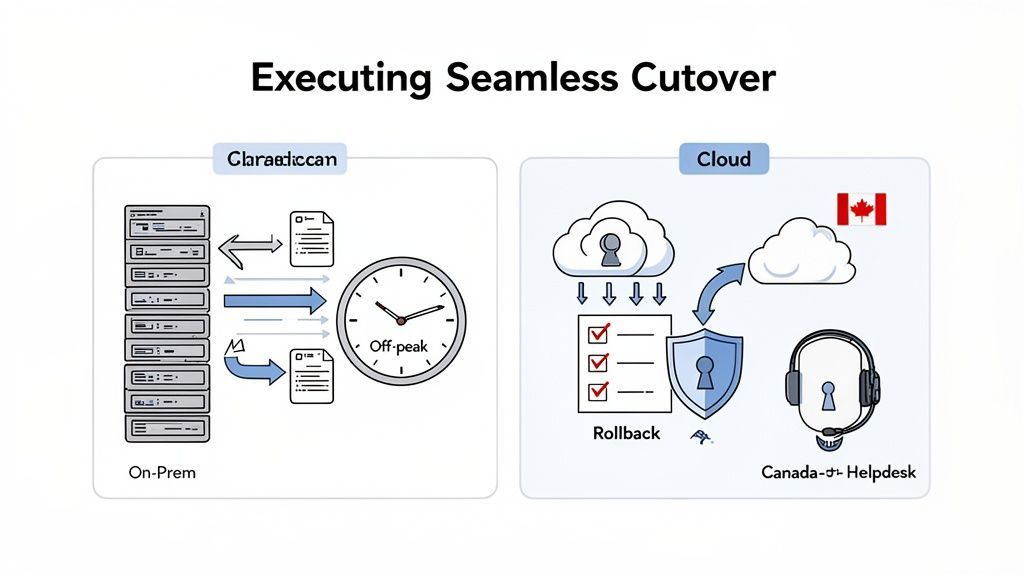 Diagram illustrating a seamless cloud cutover process with on-premise migration, off-peak timing, security, rollback, and Canadian helpdesk.