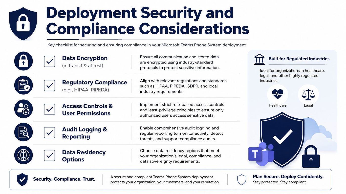 A checklist infographic covering security and compliance considerations for a Microsoft Teams Phone System deployment.