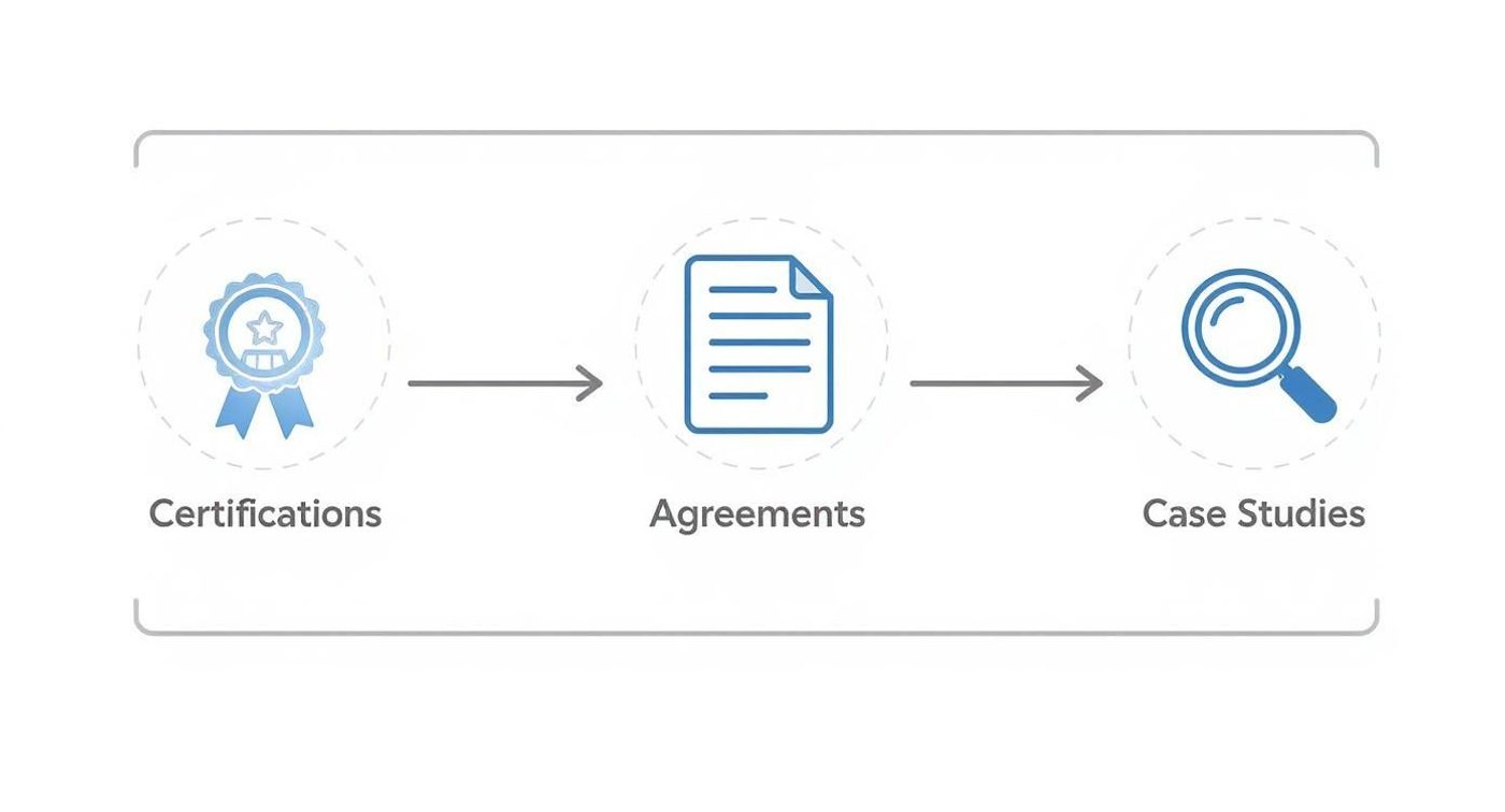 A process flow diagram showing steps from Certifications to Agreements to Case Studies.