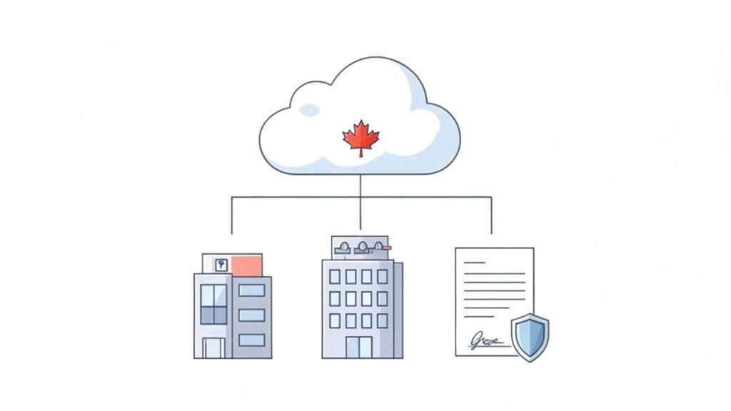 Illustration of Canadian cloud services supporting businesses and data compliance.