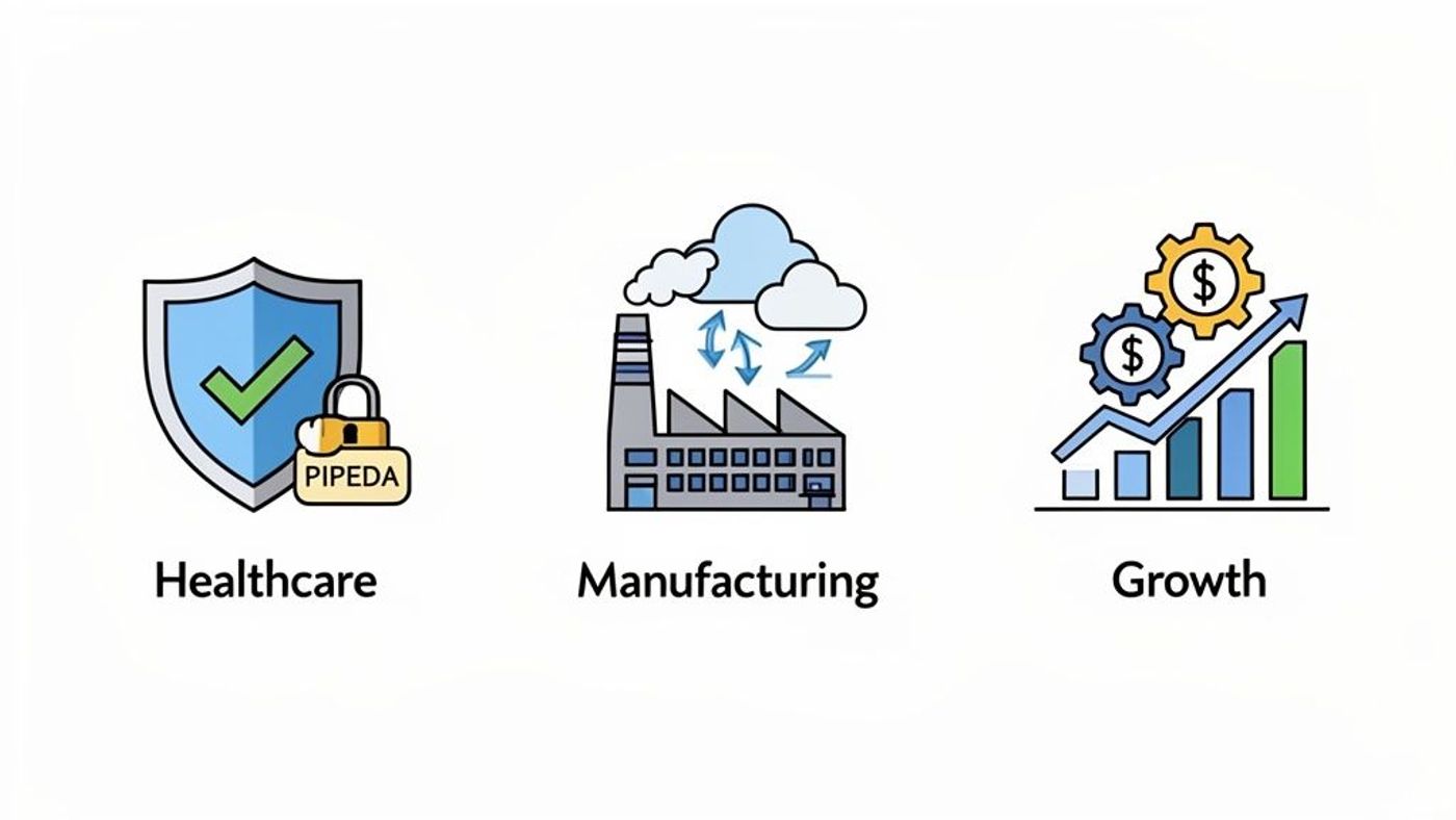 Icons representing healthcare security, manufacturing processes, and business growth.
