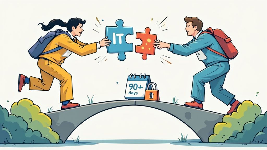 Two people on a bridge connecting IT puzzle pieces, with a calendar and padlock, symbolizing collaboration and security.