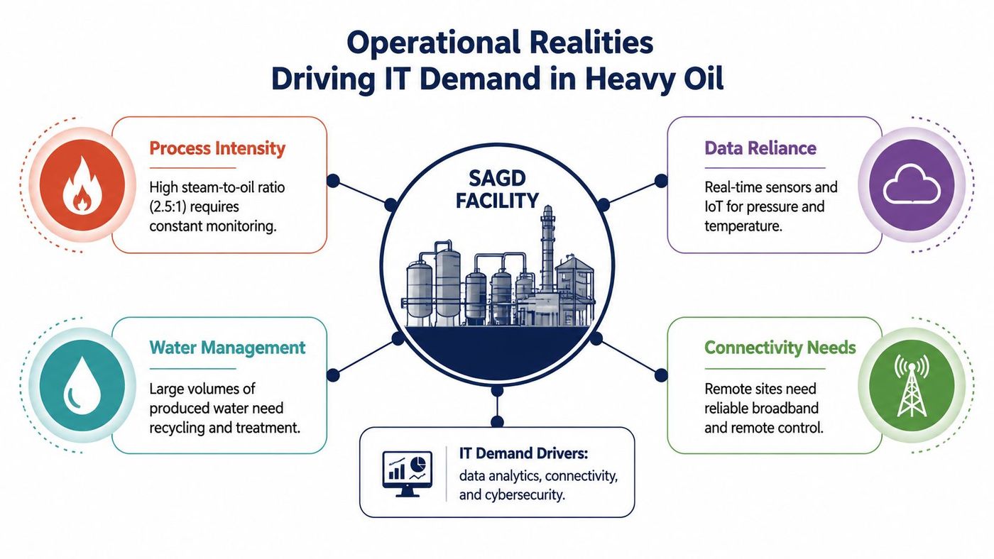 A diagram illustrating the operational realities and IT demands driving heavy oil SAGD facility efficiency.
