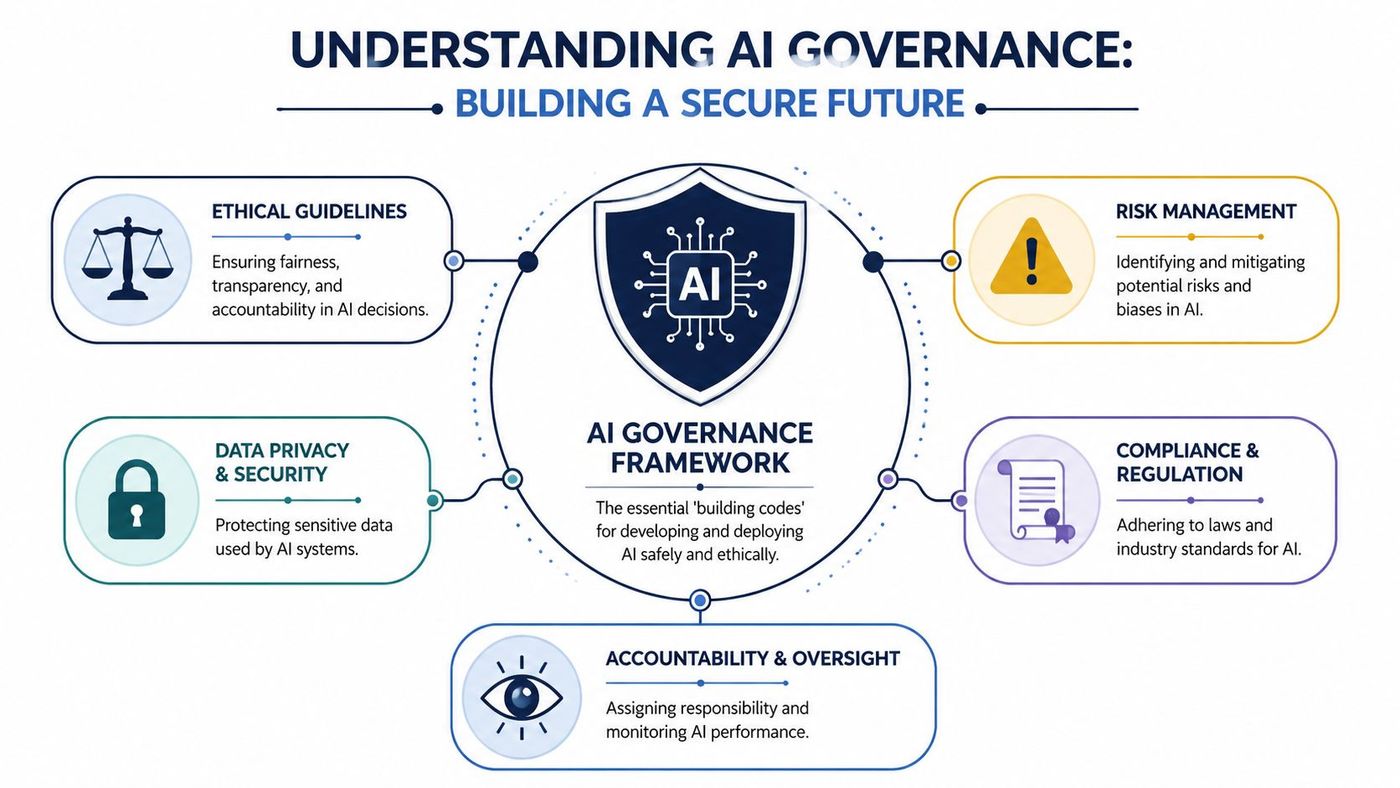 A diagram illustrating the key components of an AI governance framework for building a secure future.