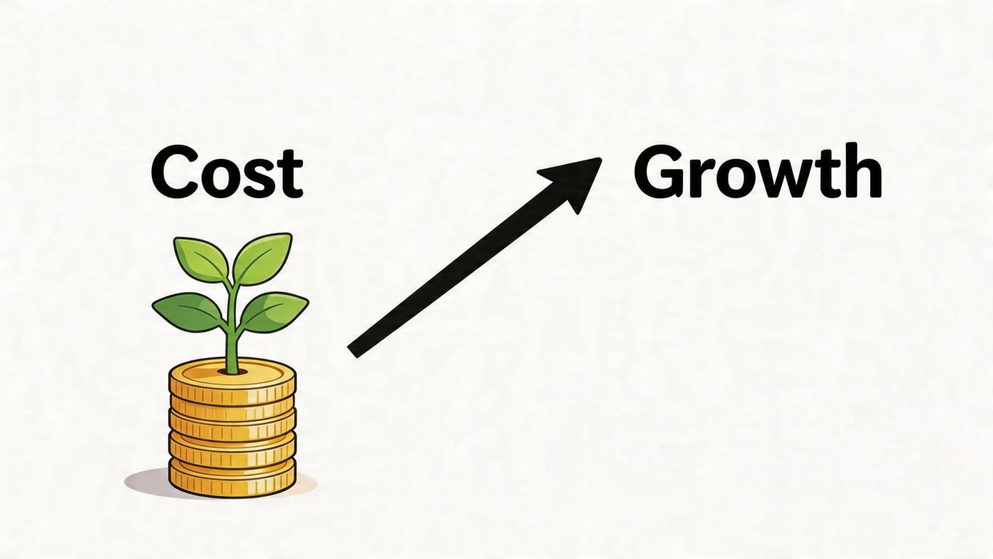 A small plant growing out of a stack of gold coins with an arrow pointing toward growth.