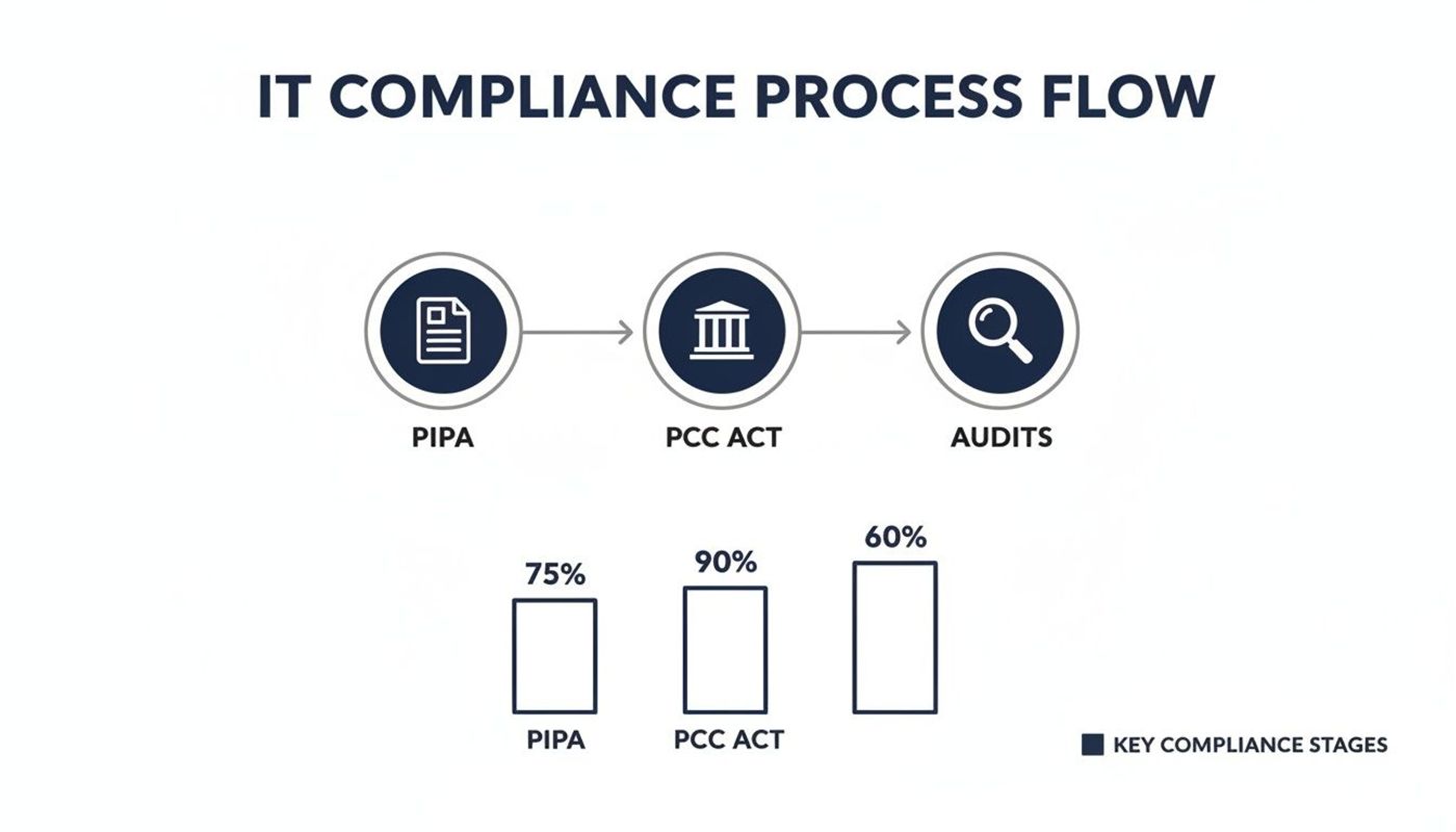 IT compliance process flow shows stages PIPA, PCC ACT, and Audits with their compliance percentages.