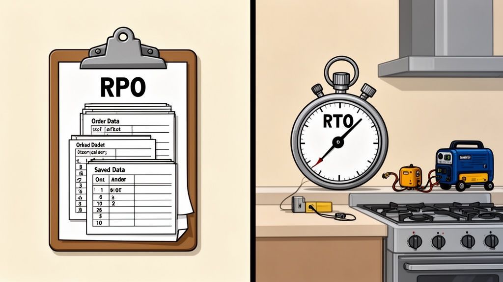Illustration depicting RPO with a clipboard of data, and RTO with a stopwatch and generator.