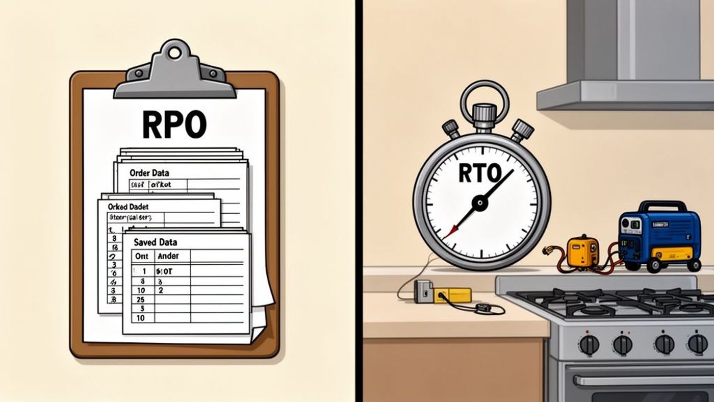 Illustration depicting RPO with a clipboard of data, and RTO with a stopwatch and generator.
