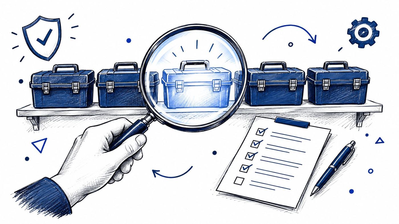 A hand holding a magnifying glass over a row of toolboxes, next to a checklist and pen.