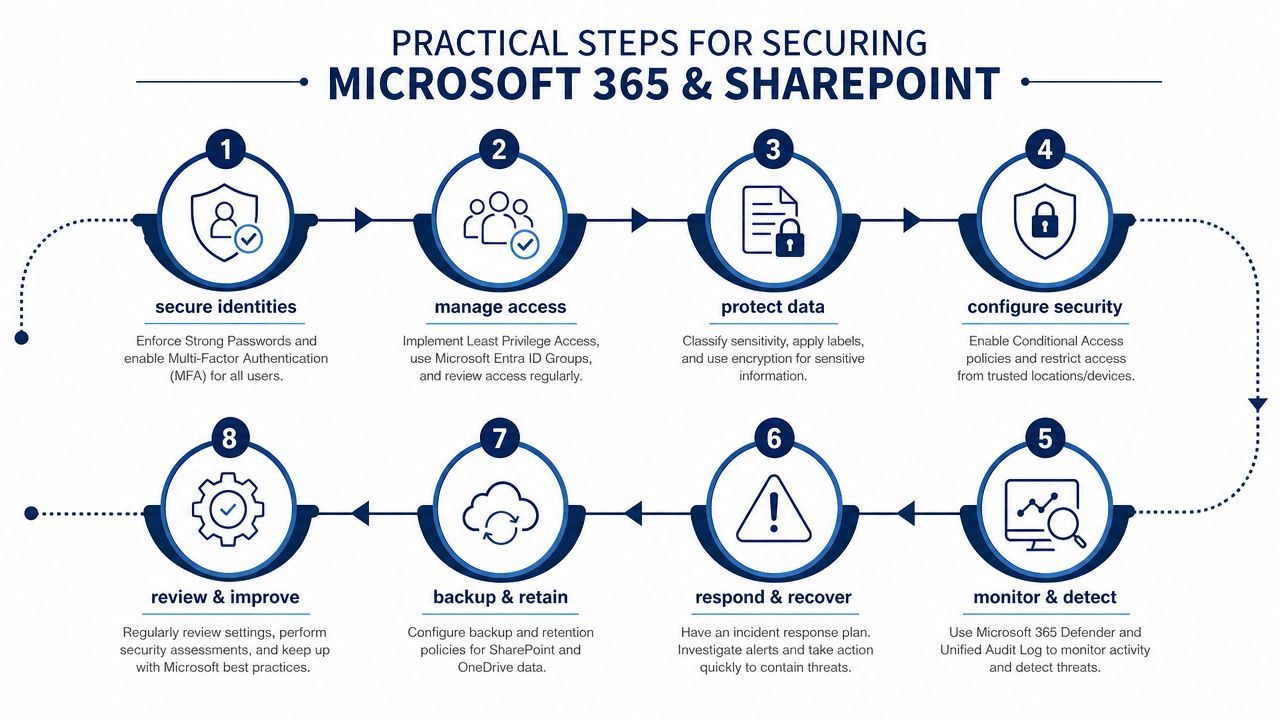 A diagram outlining eight practical steps for securing Microsoft 365 and SharePoint environments for enhanced data security.