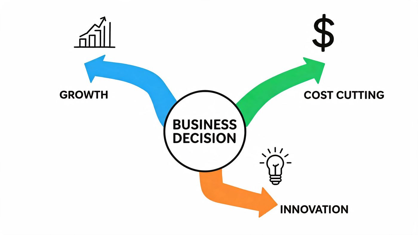 A diagram illustrating a central business decision branching into growth, cost cutting, and innovation strategies.