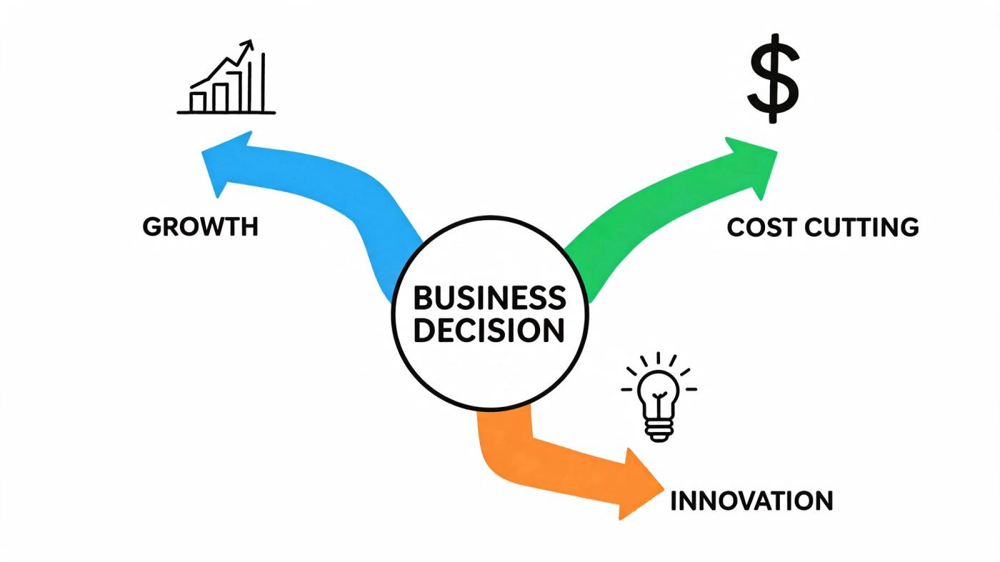 A diagram illustrating a central business decision branching into growth, cost cutting, and innovation strategies.