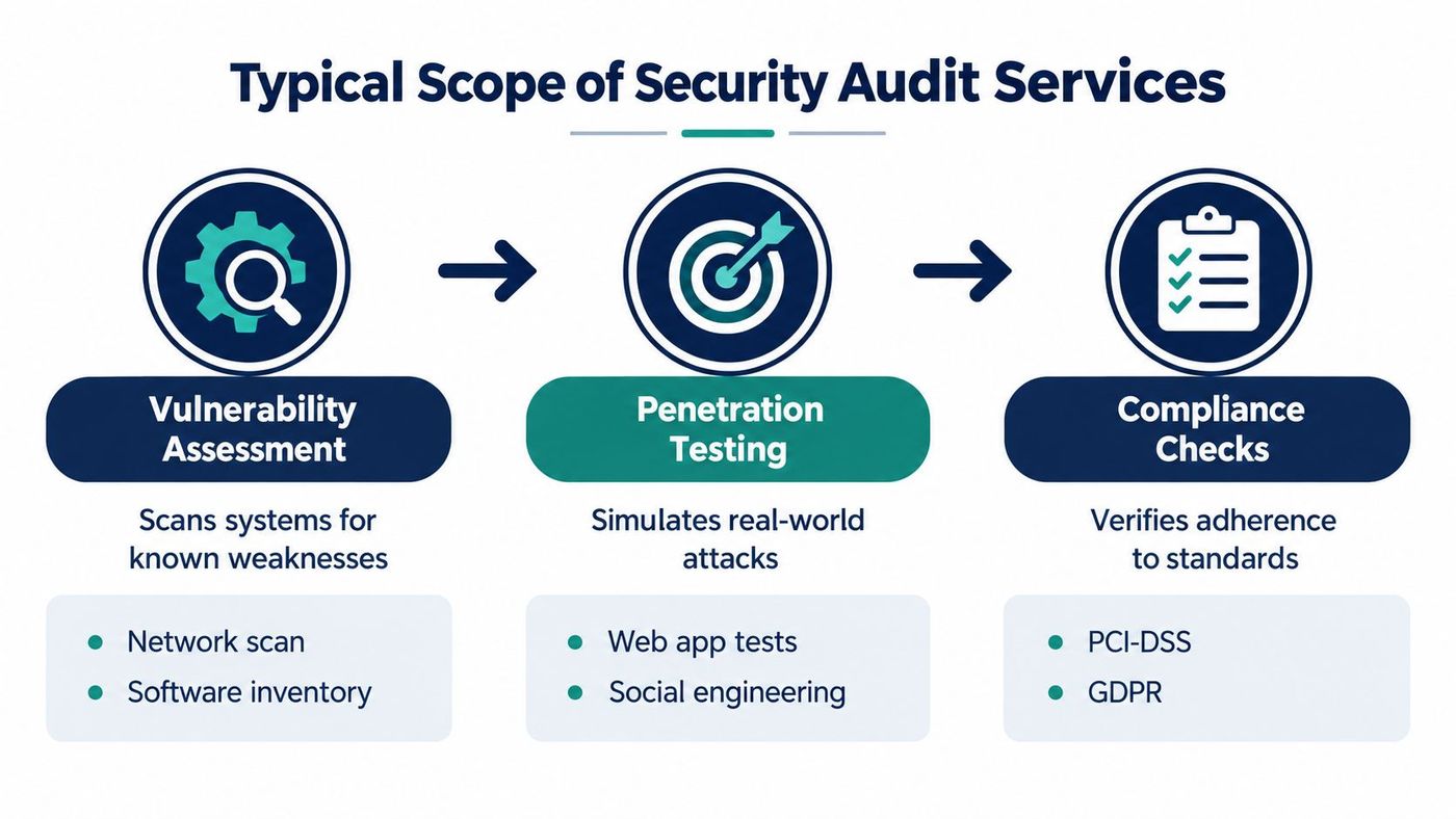 A diagram outlining the typical scope of security audit services including vulnerability assessment, penetration testing, and compliance checks.