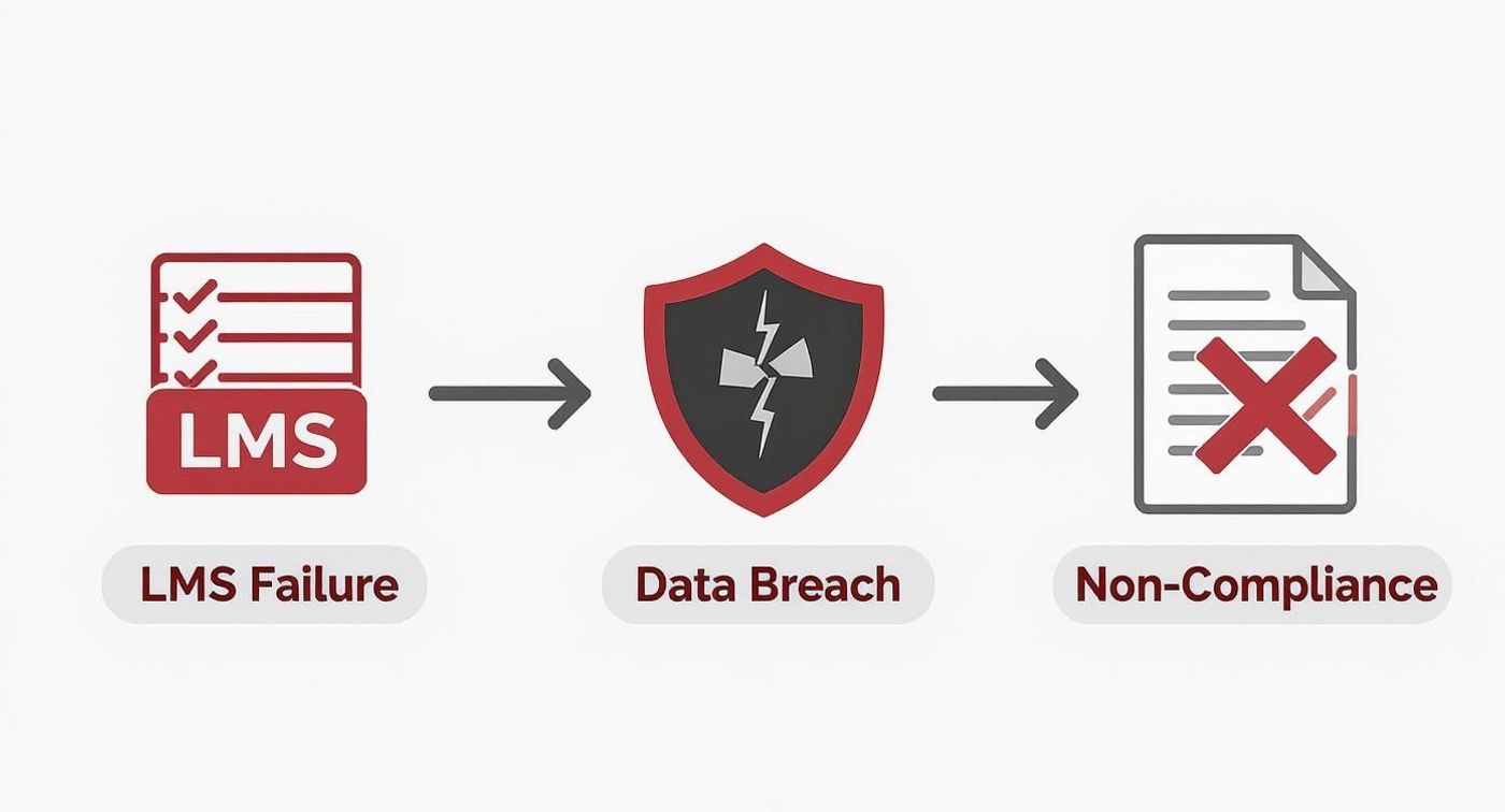 An infographic illustrating the negative chain of events: LMS failure, data breach, and non-compliance.
